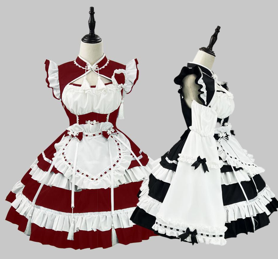 【2025新作入荷】メイド服 Lolita 大人用コスチューム メイドコスプレ ロリータワンピース 可愛い 配色 フリル フリンジ メイドcosplay ハロウィン衣装 ワンピース長袖半袖切り替え