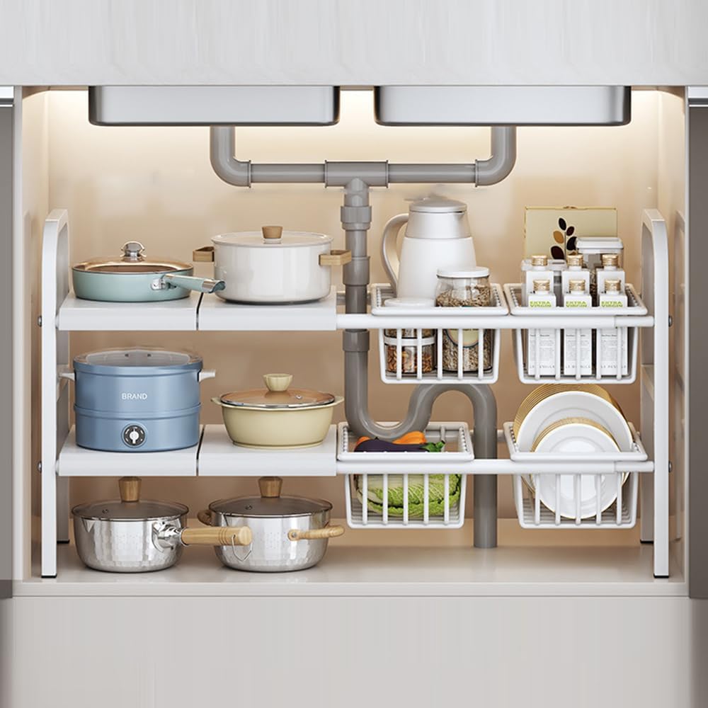 シンク下収納ラック キッチン収納 洗面台下収納 キッチン 収納ラック 伸縮式 2段収納 キッチン収納ラック シンク下ラック伸縮棚 整理収納 キッチン収納棚 横 ホワイト 2段-棚板4枚＋バスケット4個