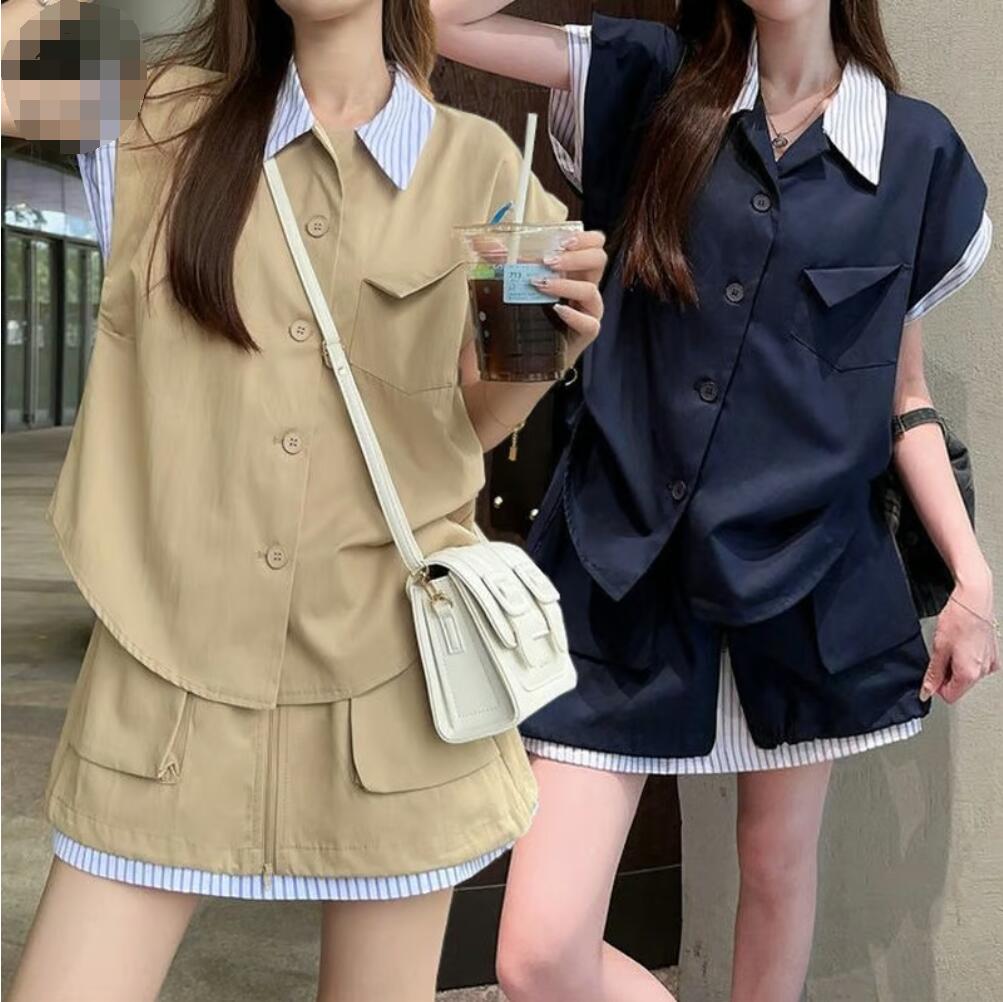 【3日で出荷】セットアップ 上下セット フェイクレイヤード トップス シャツ スカート ストライプ ルーズ ハイウエスト レトロ 韓国ファッション レディース 大人可愛い ガーリー