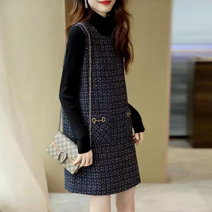 ワンピース ワンピ ドレス ツイード ミニワンピ ジャンパースカート レディース エレガント きれいめ カジュアル 大人 可愛い フェミニン ショート丈 シンプル ノースリーブ レイヤード ネイビー