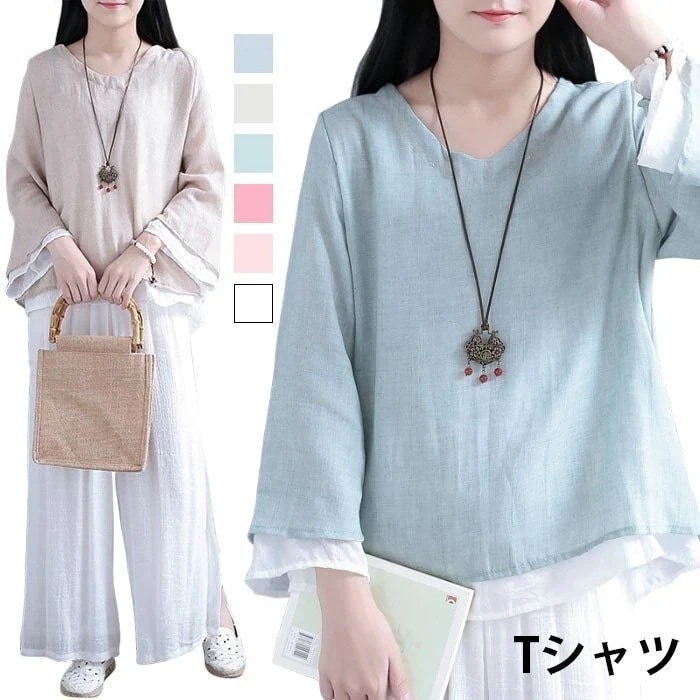 ンTシャツ ン Tシャツ レディース 綿 麻 麻生地 ン混 長袖Tシャツ カラーブロック 4,826円