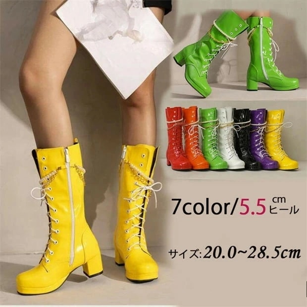 ロングブーツ 編み上げ ヒール5.5センチ 太ヒール ブーツ 美脚 カジュアル レディース シューズ 靴 秋 冬 春 20代 30代 40代 白 緑 イエロー オレンジ 赤 紫 黒 大きいサイズ 小さ 4,651円