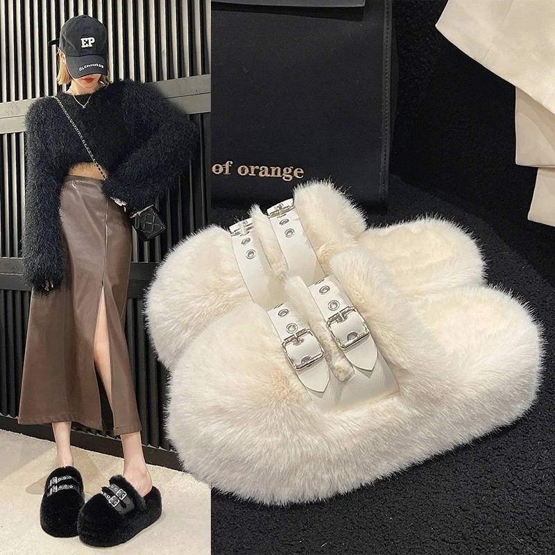 【10点セット】スリッパ 女性用のスタイルの包頭毛皮スリッパ韓国風7cmの厚底暖かい毛皮の靴快適な家庭用フラット毛皮スリッパ 携帯スリッパ
