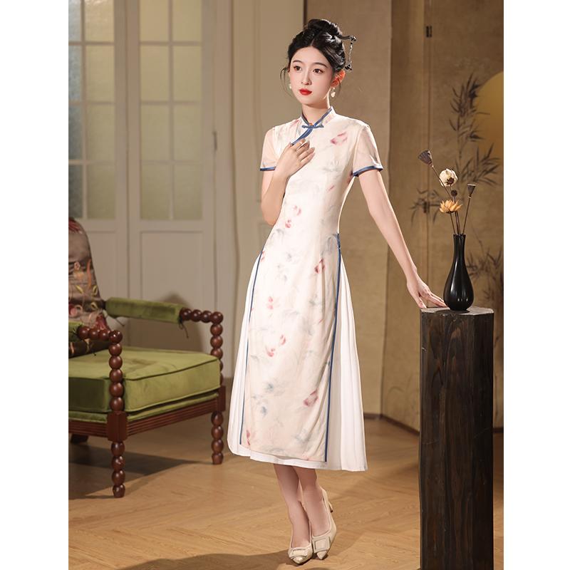 アオザイ チャイナドレス 夏 レディース ワンピース 小さい体 美しい ウエスト スリム 花柄