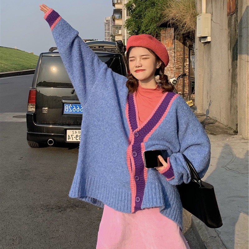 【大きいサイズあり】配色カラー Vネックニットカーディガン バイカラー ニットカーディガン ニット セーター カーディガン ジャケット アウター オルチャン オーバーサイズ 韓国 レディース 可愛い