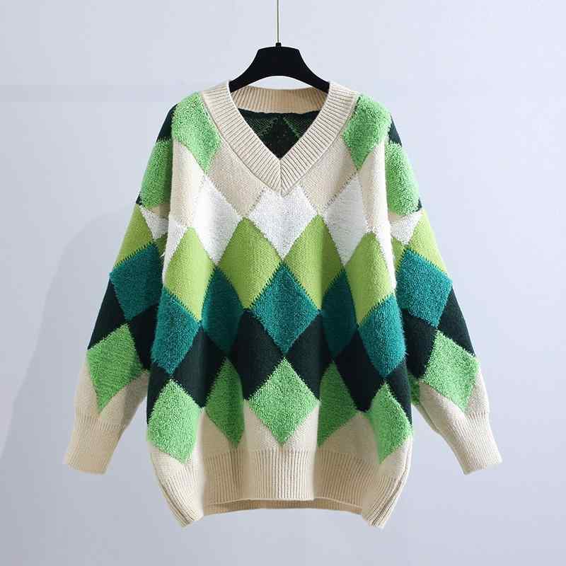レディース ファッション 服 オシャレ カワイイ シンプル 大人カワイイ 大きいサイズ 菱形 セーター Vネック ジャカードセーター