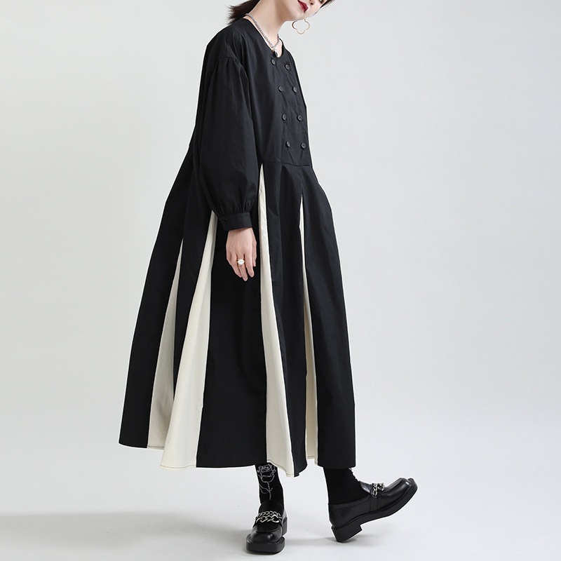 2023秋の新商品暗黒風泡袖白黒つなぎゆったりしたロングワンピース