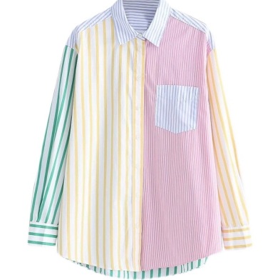 ストライプシャツ カラーシャツ ポケットあり ゆったり シャツ トップス ミモレ丈 長袖 襟付き 角襟 ストレート 裾ワイド 前開き 薄手 UVカット かわいい 大人可愛い シンプル カジュアル 大人