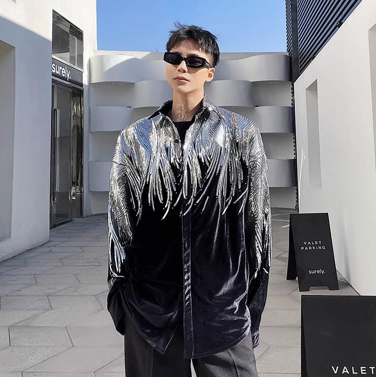 メンズステージ衣スパンコールきらきらのベルベットシャツブラウスアウター舞台衣30%までに制限