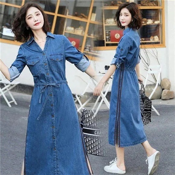 デニムワンピースシャツワンピースレディース体型カバーロング丈マキシ丈シャツワンピースワンピースカジュアルデニムシャツワンピース30%までに制限