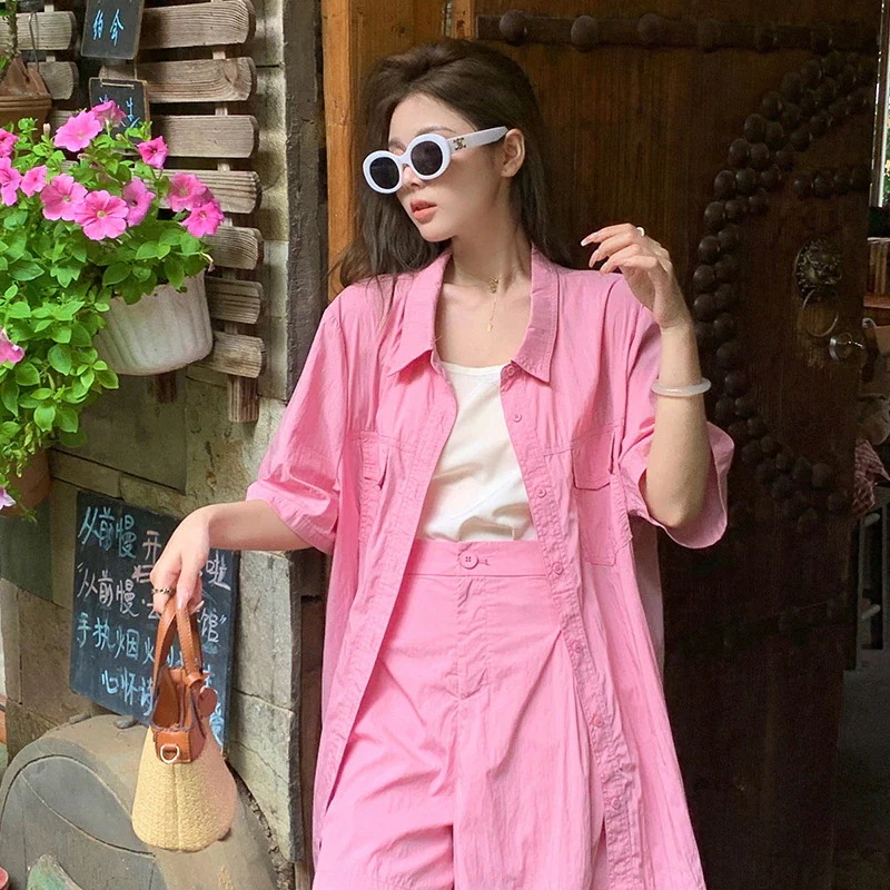 レディース シアーシャツ カーディガン 半ズボン Tシャツ ンツ ショートパ セット ピンク 通気性良い 夏 2点セット 大サイズ セット ゆったり