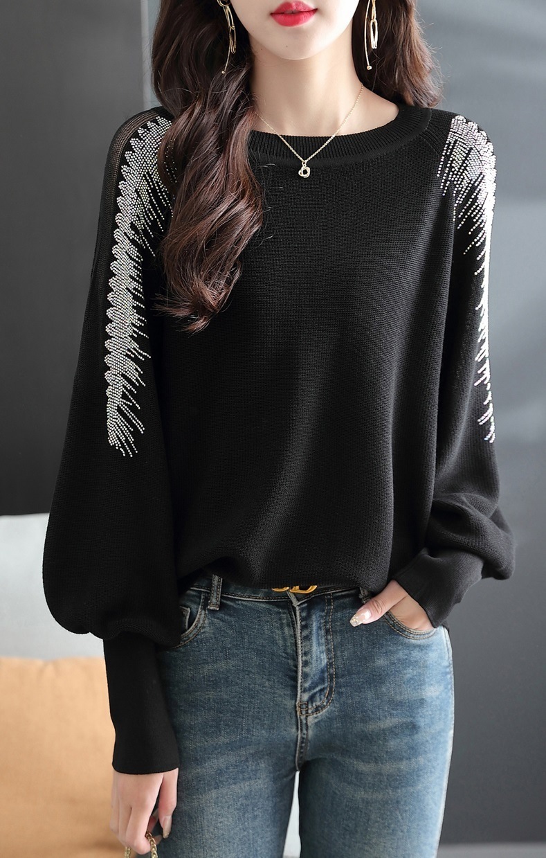 春 エレガント カジュアル ブラック トップ ダイヤモンド スリーブ ニット セーター スリーブ 女性 ブラック M L XL XXL トップス 袖あり かわいい 大人可愛い きれいめ シンプル