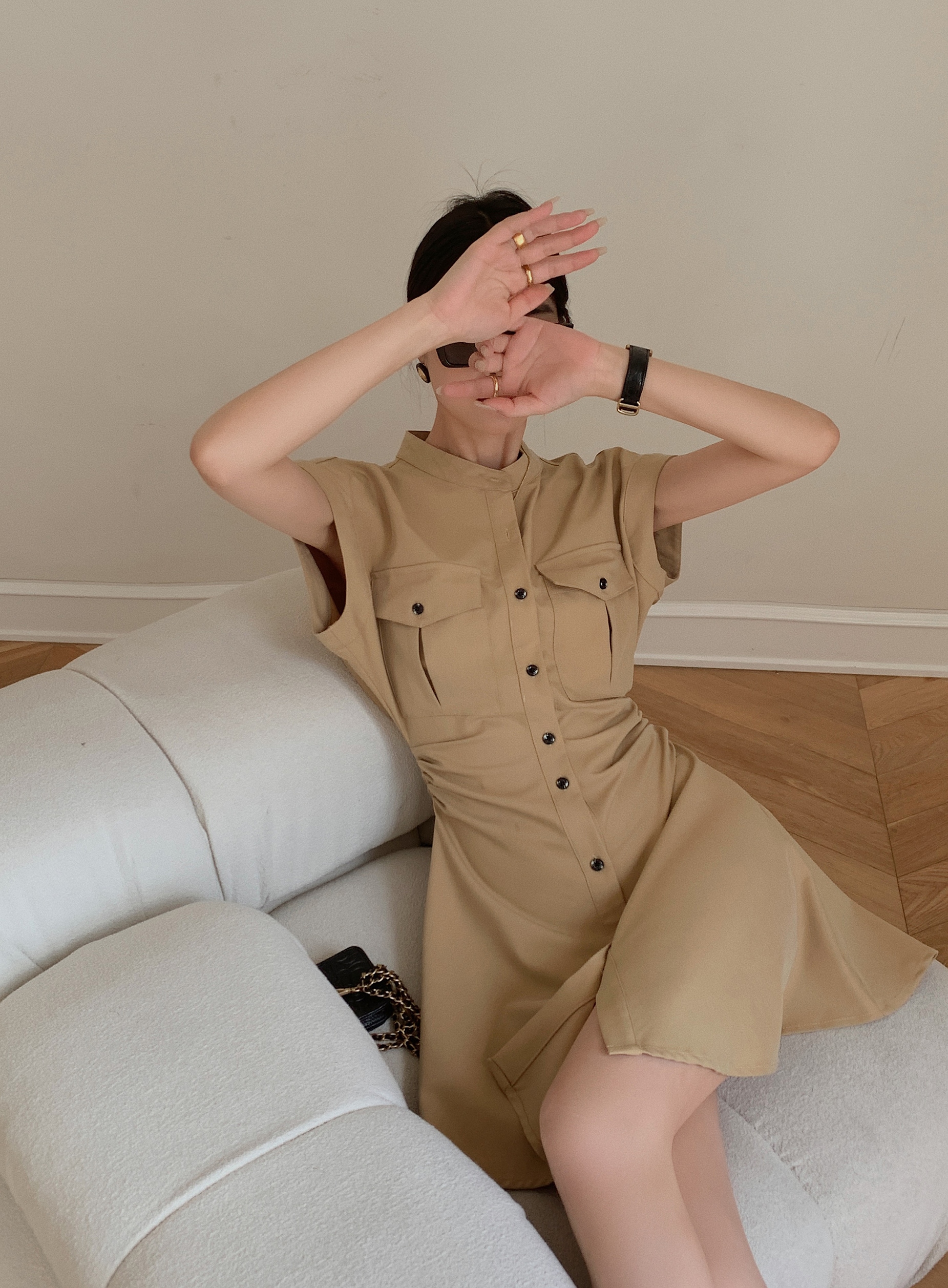 レディース ファッション フレンチ スタンド アップ カラー 半袖 ドレス 女性 夏 ウエスト ショート スカート ブラウン ＳＭＬ かわいい 大人可愛い きれいめ シンプル カジュアル 大人 上品