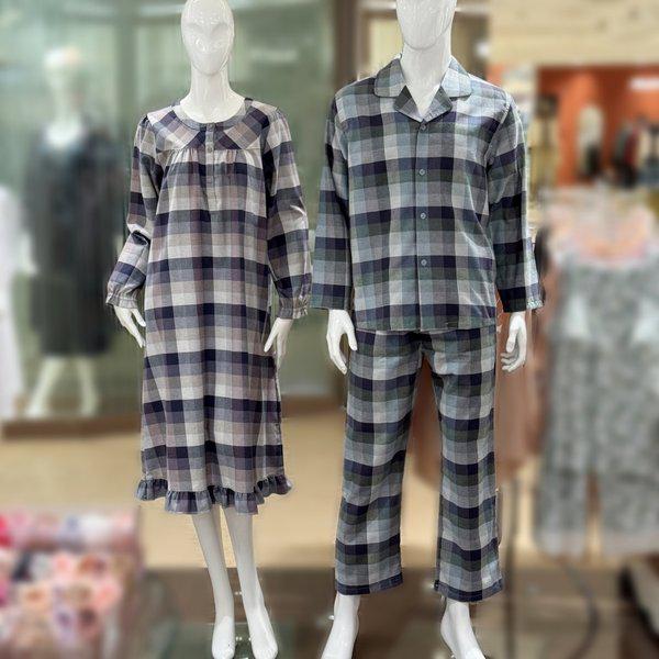 男性女性 綿起毛 先染め チェックパジャマワンピースSET (WPA5485M,5485W)_s