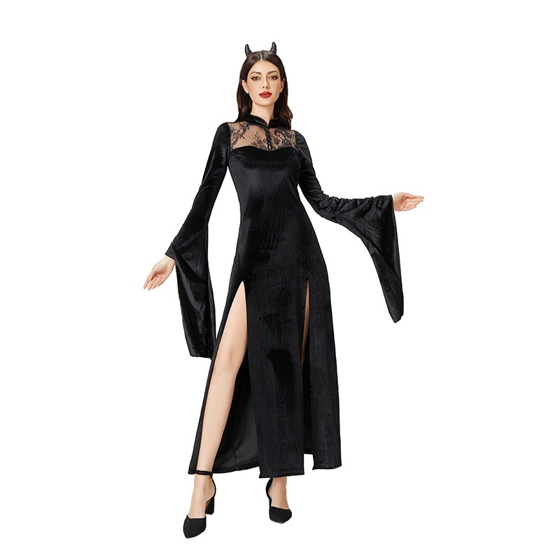 ダークゴシックハロウィンコスチューム黒のホットティードレス魔女コスセクシーなレース中世のロングスカート
