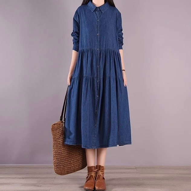 レディース ワンピース シャツワンピ ティアード デニム 前開き ミモレ 長袖 Vネック 襟付き 角襟 フレア Aライン フェミニン ストリート ポケット ブルーデニム かわいい 大人可愛い きれいめ