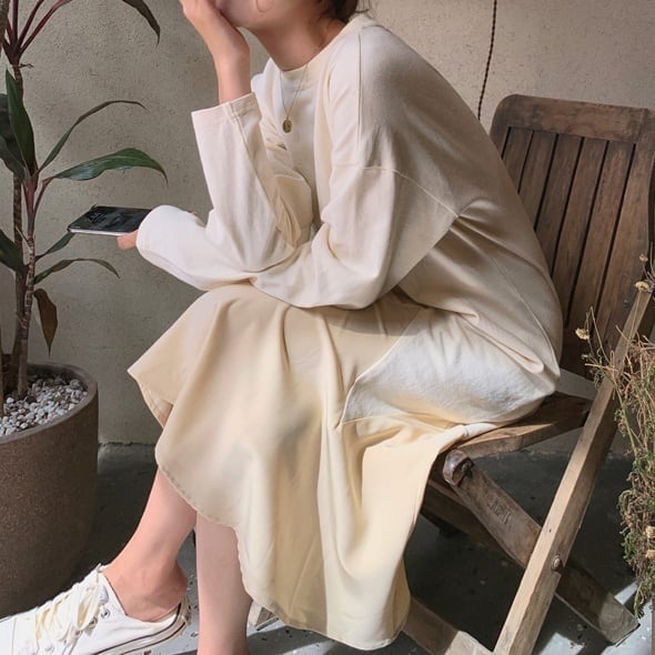 2color レディース ワンピース ロングワンピース 膝下 ミモレ ミモレ丈 長袖 長そで