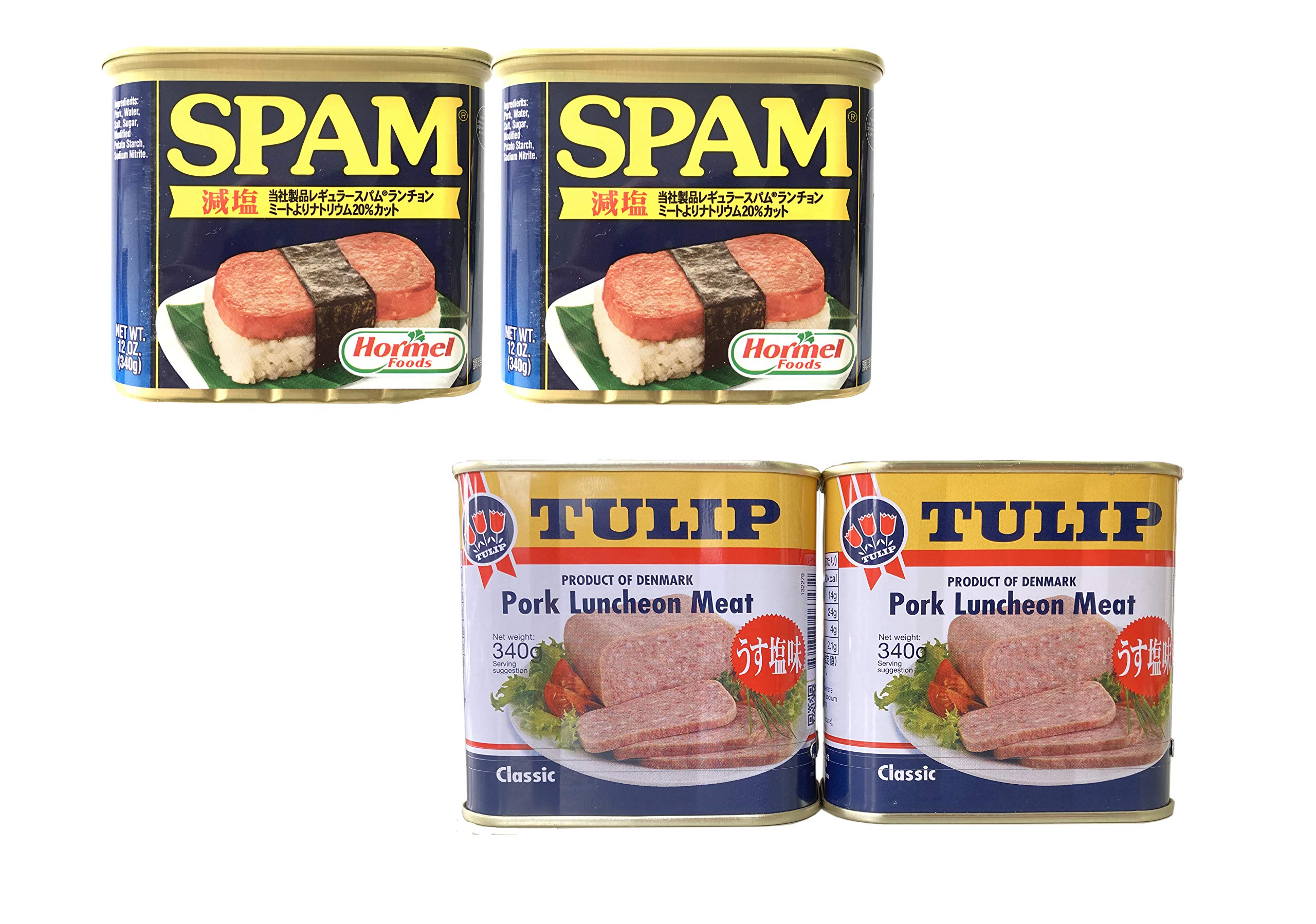 【全国送料無料】 スパム 減塩 340ｇ × ２缶　 チューリップポーク 340ｇ × ２缶 　　食べくらべセット　　　ランチョンミート　缶詰　非常食　災害食　ポーク玉子 おにぎり