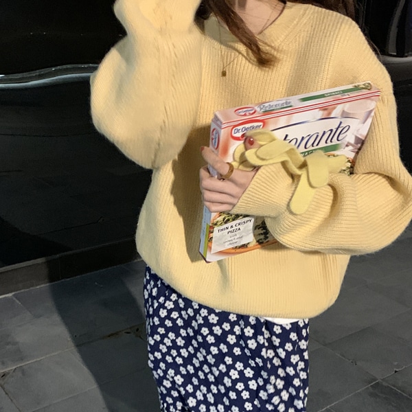 韓国ファッション ベーシックバルーン袖ラウンドニット