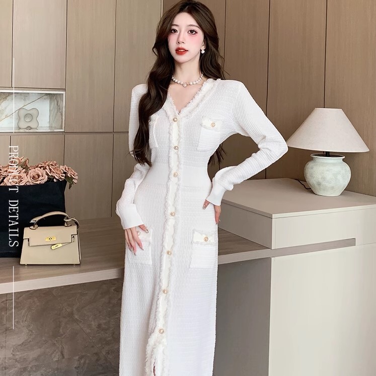 ワンピース ニットワンピース ワンピドレス ロング丈 長袖 Vネック ニット かわいい 大人可愛い きれいめ カジュアル 大人 上品 おしゃれ お洒落 かっこいい 大人女子 ラブリー キュート