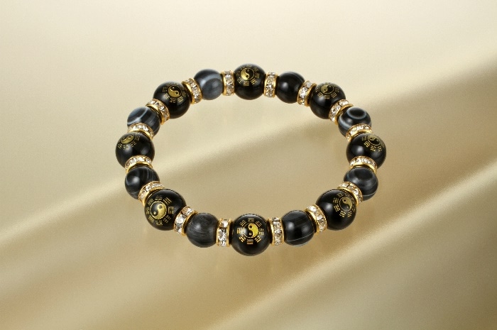 オニキス陰陽ブレス 風水八卦鏡の根付ストラップ付きオニキス/天眼石/パワーストーン ブレスレット