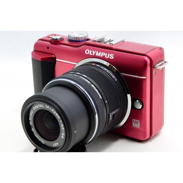 【中古】オリンパス OLYMPUS E-PL1 レッド レンズセット 美品 SDカードストラップ付き