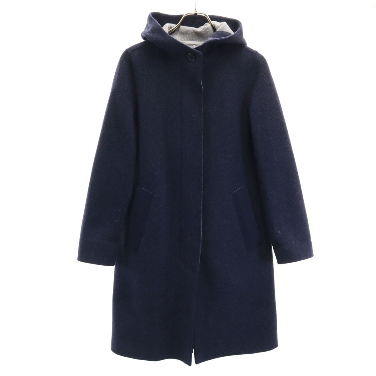 圧縮ウール フーデッド コート 38 ネイビー レディース 古着