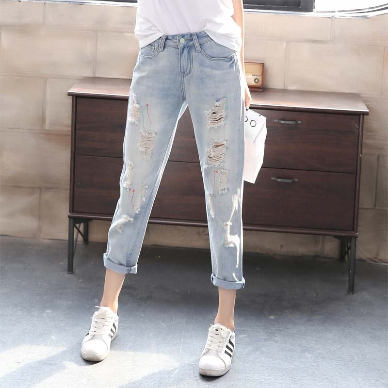 ハーレンパンツ ダメージジーンズ デニムパンツ カジュアル 九分丈パンツ 秋 ゆったり 薄い ストレート ストリートファッション ハイウエスト ポケット ボタン クール感 スタイルUP