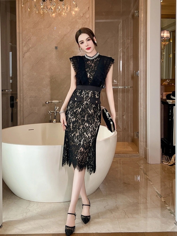 夏 レースワンピース ノースリーブ ドレス パーティー キャバ 着痩せ 大人 お呼ばれ 同窓会 披露宴 卒業式 結婚式 ウェディング 二次会 成人式1