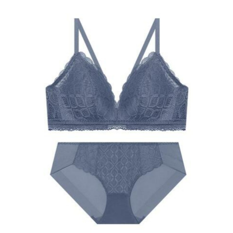 モダン レース トライアングル ブラ パンツ セット - ソフトブルー S 90