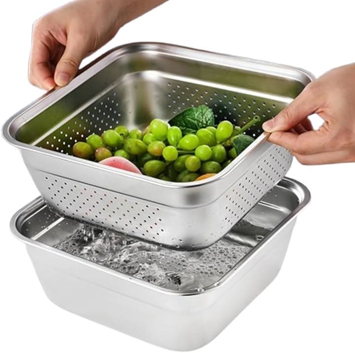 ざるボウルセット 四角 保存容器 角バット 食洗機対応 下ごしらえ 角型デザイン 省スペース ステンレス製 ボウル+ザル(画像参照, 32cm)