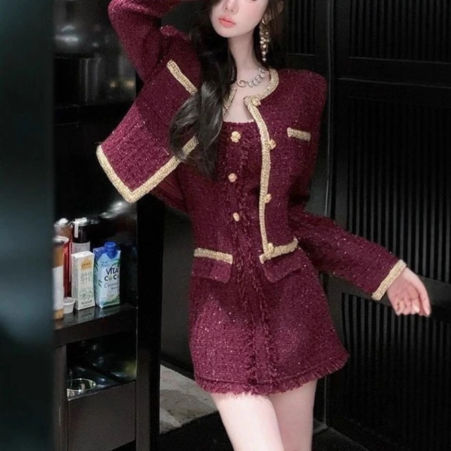 リッチ娘紫シャネル風スーツスカートレディースハイエンドショートジャケット気質ファッションスーツツーピーススーツ 6,985円