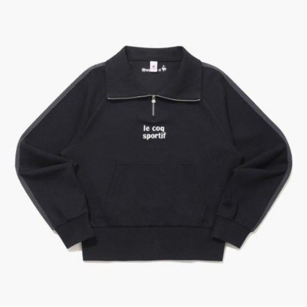 長袖Tシャツ KQF QQ122OFS12-BLK ウーマンズ モーダル ダブルテンション ルーズクロップ ハーフジップ スウェットシャツ / BLACK