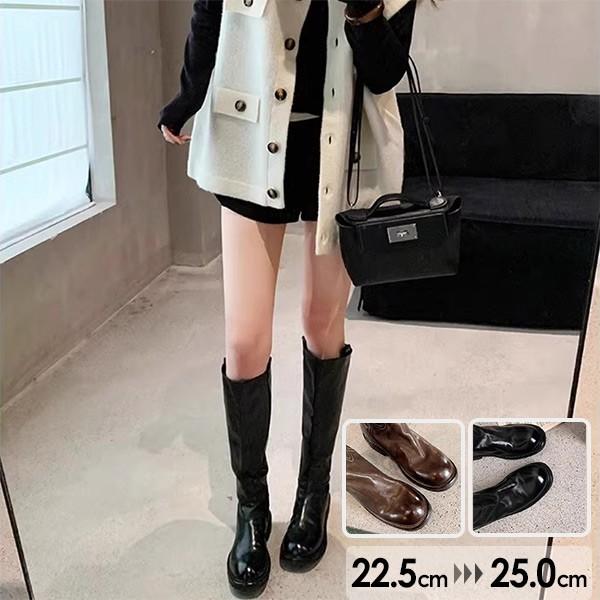 (WJ Fashion)ブーツ レディースブーツ PU 太ヒール レースアップ ローヒール 黒 ロングブーツ バックファスナー 美脚 コスプレ ファッション シューズ 靴 秋 冬 春