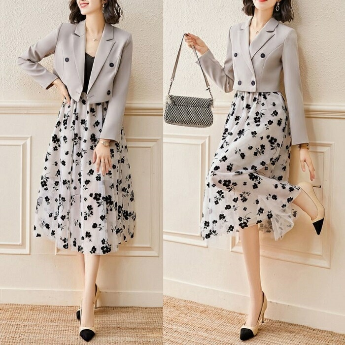 キャミソール ワンピース キャミワンピ ジャケット セットアップ 花柄 レディース ２点セット ツーピース 韓国 セミフォーマル 春 夏 秋 長袖 ロング丈 可愛い シフォン レトロ お呼ばれ