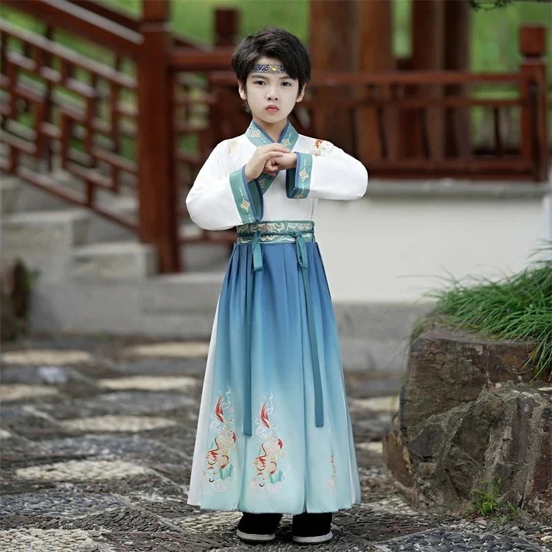 男の子の漢服春と秋の新しい中国の学校の子供の古代の衣装中国風の唐装若いマスター衣装スーツ春