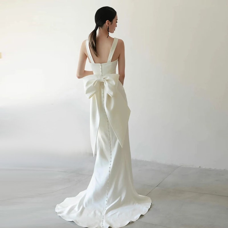 ドレス 衣装 ウエディングドレス イブニングドレス ロングドレス ノースリーブ バックリボン セミフレア フィッシュテール ステージドレス 発表会 かわいい 大人可愛い きれいめ シンプル 上品