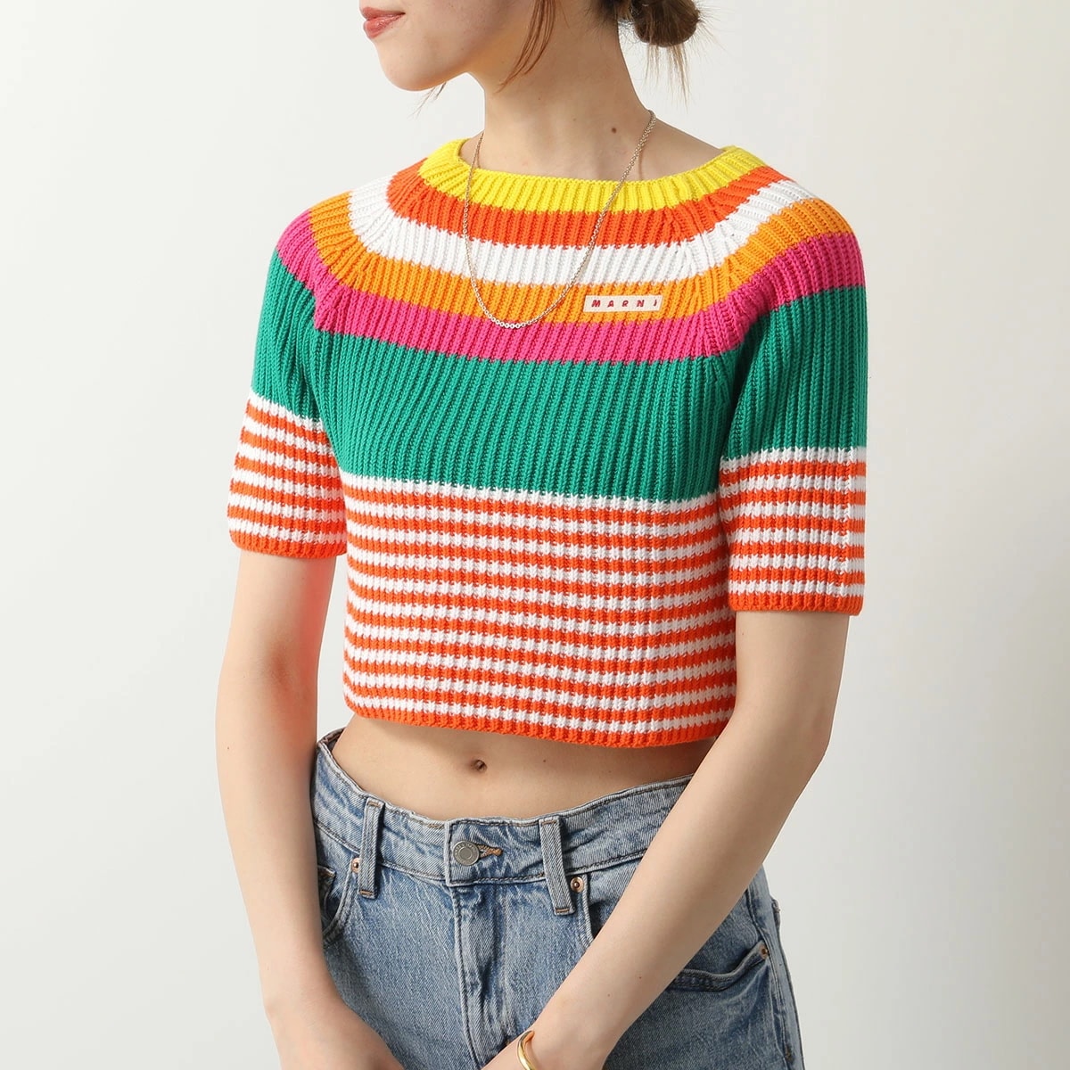 MARNI KIDS マルニ キッズ セーター M01048 M00RX レディース ガールズ ニット 半袖 ボーダー ロゴ コットン クロップド丈 0M429