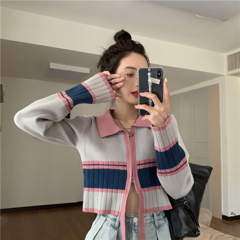 セーターカーディガン ファスナー グレー トップス ニットソー セーター カーディガン スリム 細身