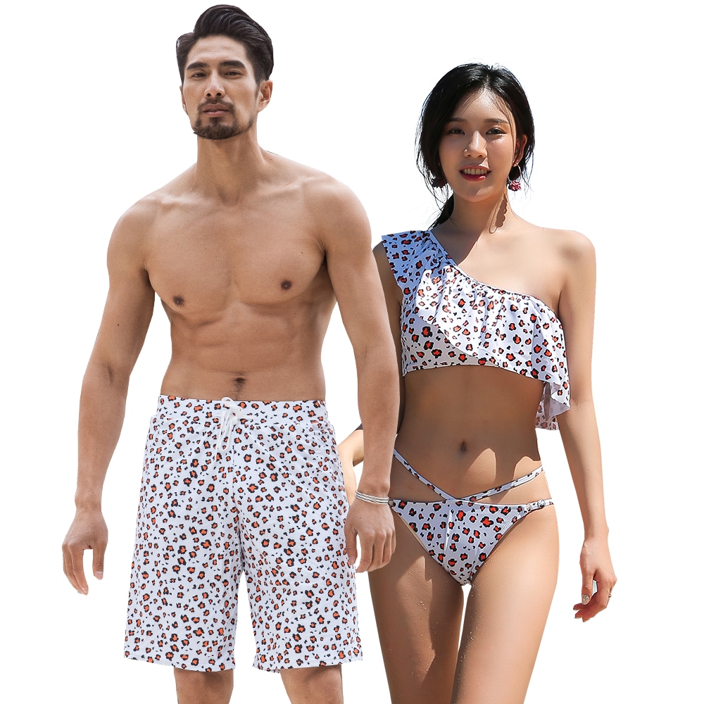 水着 ペア水着 レディース メンズ カップル水着 体型カバー ビーチパンツ お揃い ペアルック トランクス ビキニ 海 プール 夫婦 恋人 彼氏 彼女 大きいサイズ ヒョウ柄 ホワイト 2019年新作