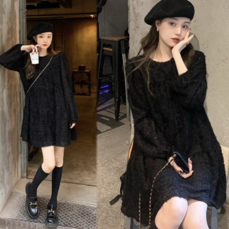 長袖膝丈ワンピ―ス ワンピース ワンピース ひざ丈 長袖 ボリューム袖 ラウンドネック フレア