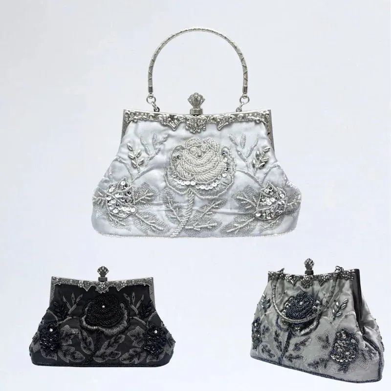 ハンドバッグ バラ ビーズ刺繡 ハンドメイド バッグ クラッチバッグ 結婚式 パーティーバッグ 演奏会 発表会 財布 母の日 プレゼント ショルダーバッグ ミニバッグ クリスマスプレゼント