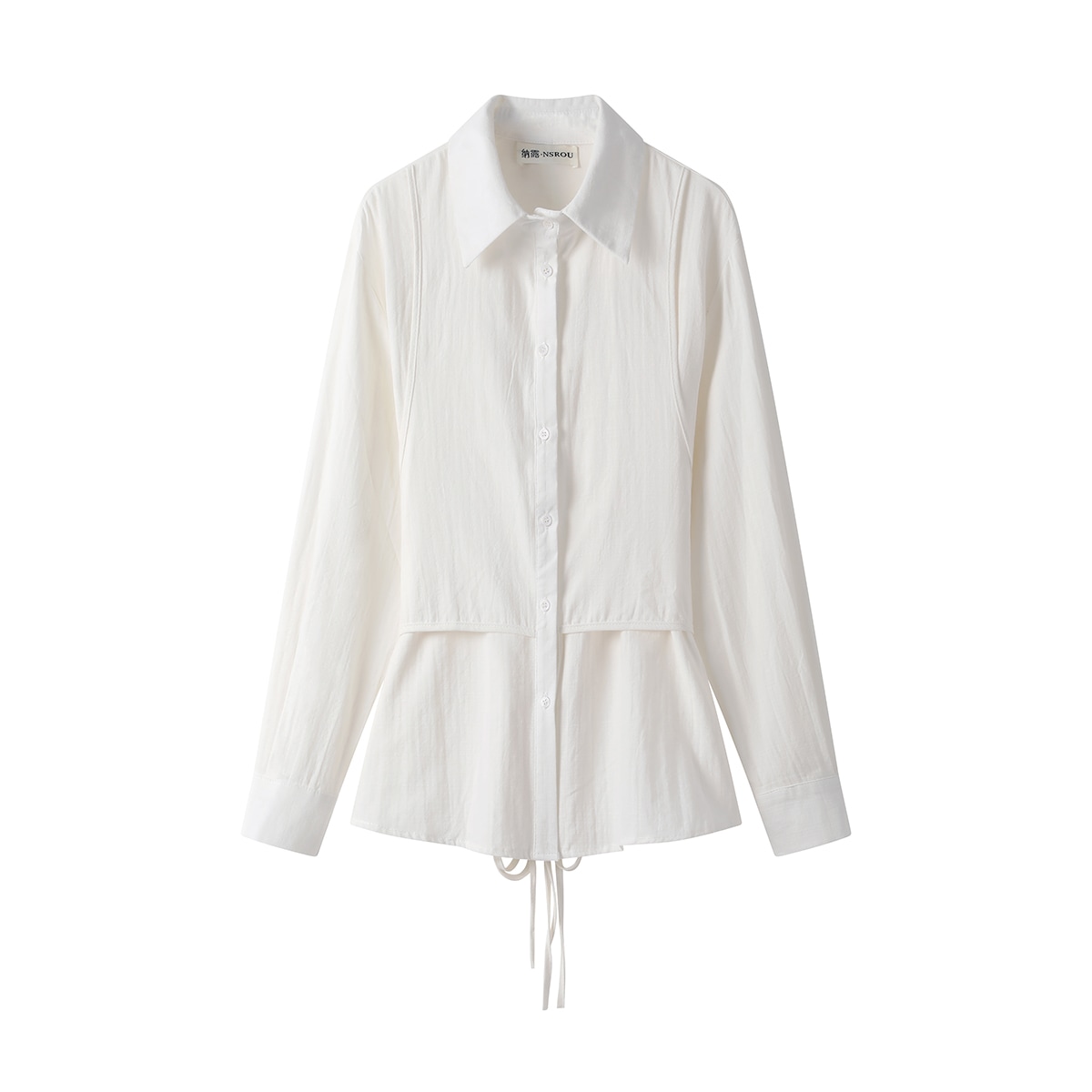 トップス シャツ 長袖 襟付き 前開き ボタン ミディアム丈 重ね着風 バックリボン かわいい 大人可愛い きれいめ シンプル 上品 おしゃれ かっこいい カジュアル こなれ感 個性的 主役級 存在感