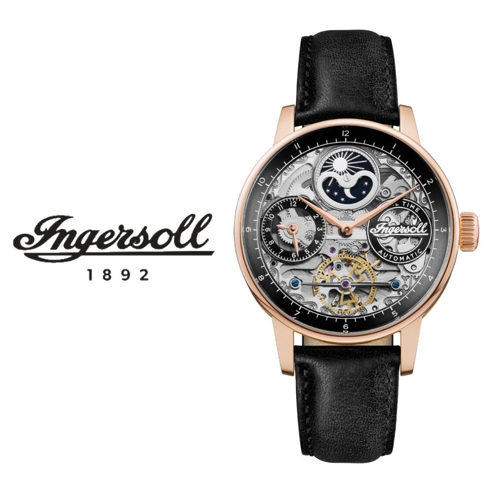 自動巻き 腕時計 インガソール 正規 ザ ジャズ オートマチック ムーンフェイズ デュアルタイム ブラック レザー 電池交換不要 メンズ アメリカ ニューヨーク ブランド 時計 ヴィンテージ かっこい