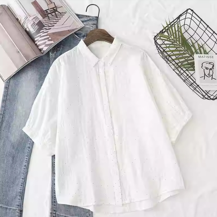レディース トップス シャツ ブラウス 前開き 7分袖 襟付き ボタン 薄手 コットン かわいい 大人可愛い きれいめ シンプル カジュアル 上品 おしゃれ かっこいい レトロ こなれ感 ラフ ルーズ