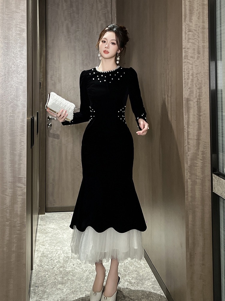 【JY.上品】 秋 ベルベット マーメイド ロングワンピース ピーズ飾り ドレス パーティー キャバ 大人 同窓会 披露宴 卒業式 結婚式 演奏会 ウェディング 二次会 メガ割