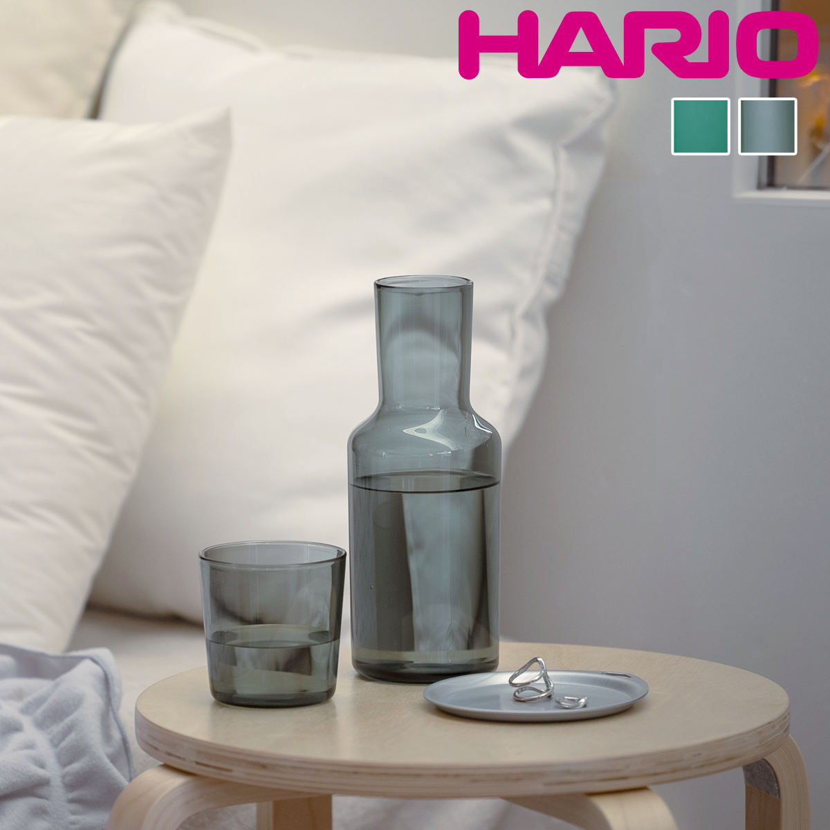 ハリオ カラフェ 600ml ナイトカラフェ HARIO COLORS 耐熱ガラス ピッチャー 水差し 水入れ 耐熱 ガラス製 熱湯 取っ手なし コップ付き 寝室 就寝時 水分補給 おしゃれ