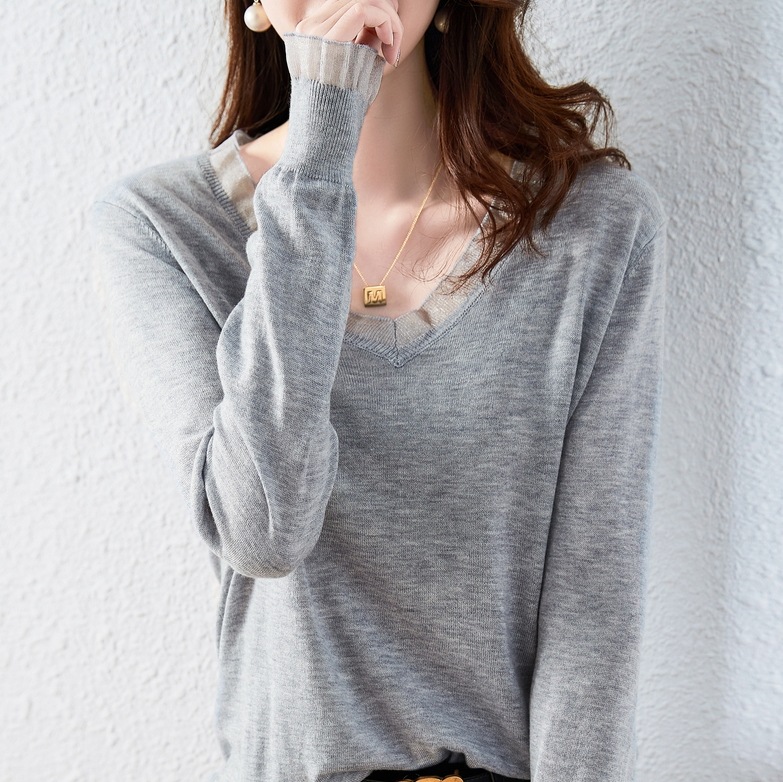 長袖ニット トップス ニットソー セーター 袖あり 長袖 Vネック チュール かわいい 大人可愛い きれいめ シンプル カジュアル 大人 上品 おしゃれ お洒落 大人可愛い 大人女子 こなれ感 ラフ 5,442円