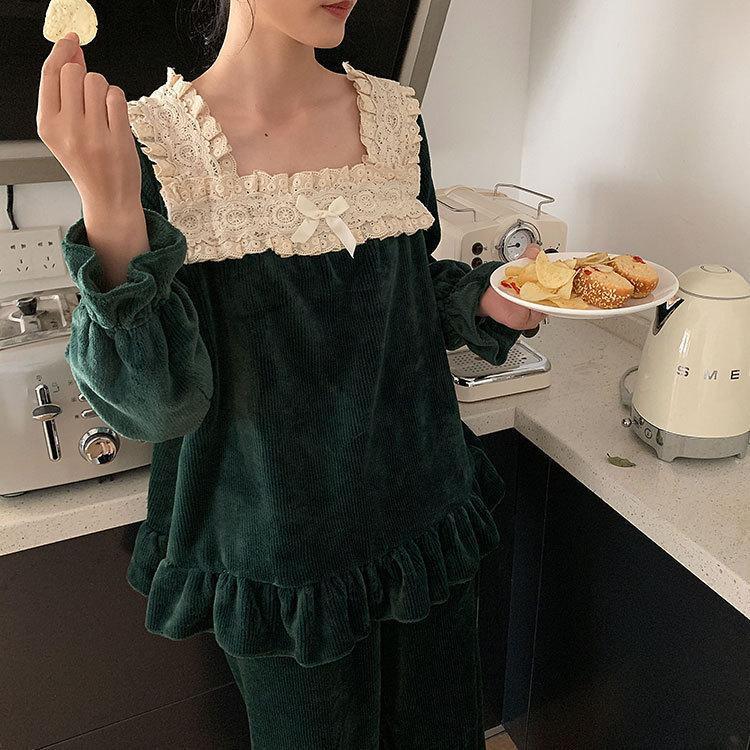 パジャマ ルームウェア 高質 フランネル レディース 上下セット ナイトウェア 柔らかい スクエアネック レディース セットアップ 秋冬 暖かい 厚手