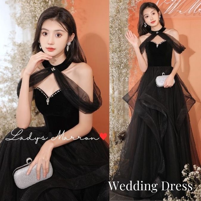 厳選素材ウェディングドレス カラードレス 演奏会 黒ドレス 前撮りドレス 花嫁 二次会 お色直しドレス フォトウェディング プリンセスドレス オフショルドレス かわいい セルフ 韓国 ホルターネック